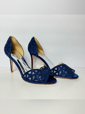 Badgley Mischka Navy Crystal Beaded Mesh Heels 7.5 LIKE NEW
